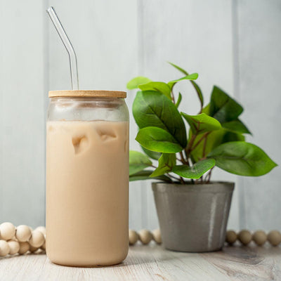 Personalized 16 oz. Glass Can with Bamboo Top and Straw