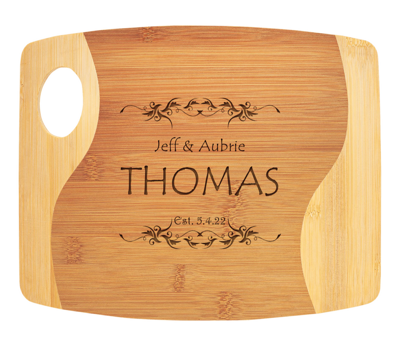 Personalized 9x11 Bamboo Two Tone Cutting Board with Handle