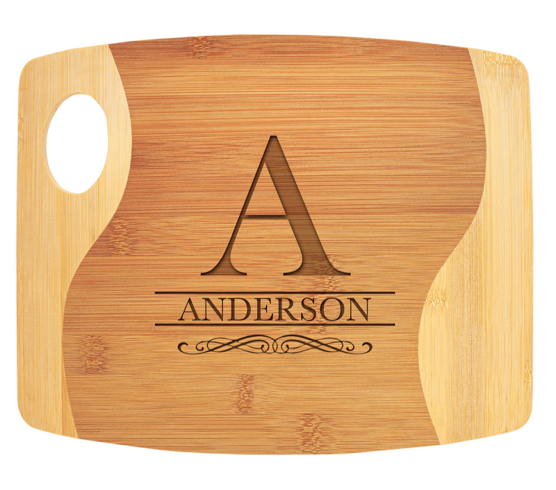Personalized 9x11 Bamboo Two Tone Cutting Board with Handle