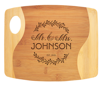 Personalized 9x11 Bamboo Two Tone Cutting Board with Handle