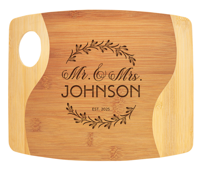 Personalized 9x11 Bamboo Two Tone Cutting Board with Handle
