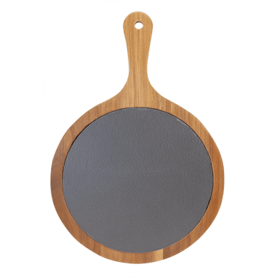 Personalized 8.25x12.25 Round Acacia Wood/Slate Serving Board with Handle