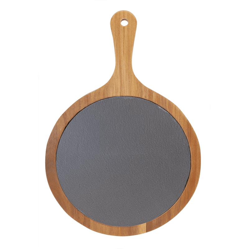 Personalized 8.25x12.25 Round Acacia Wood/Slate Serving Board with Handle