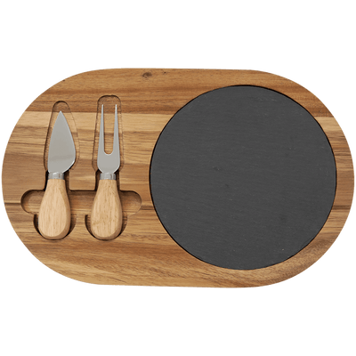 Personalized Acacia and Slate Oval Cheese Set with Two Tools - - Lazerworx