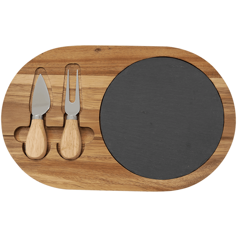 Personalized Acacia and Slate Oval Cheese Set with Two Tools - - Lazerworx
