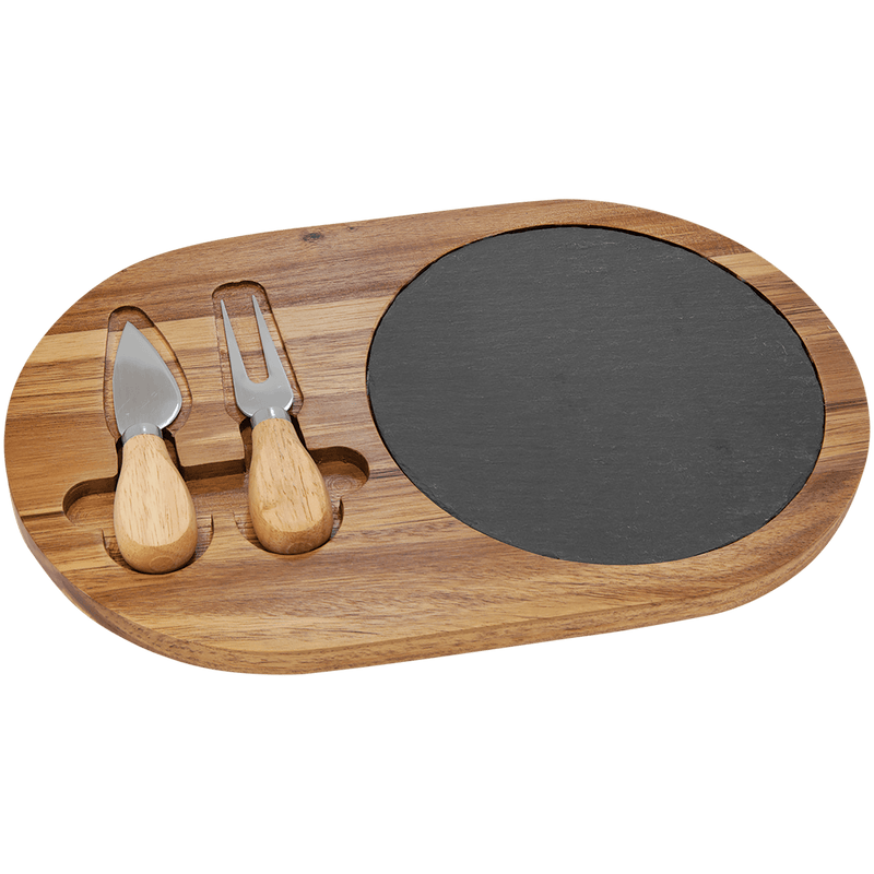 Personalized Acacia and Slate Oval Cheese Set with Two Tools - - Lazerworx