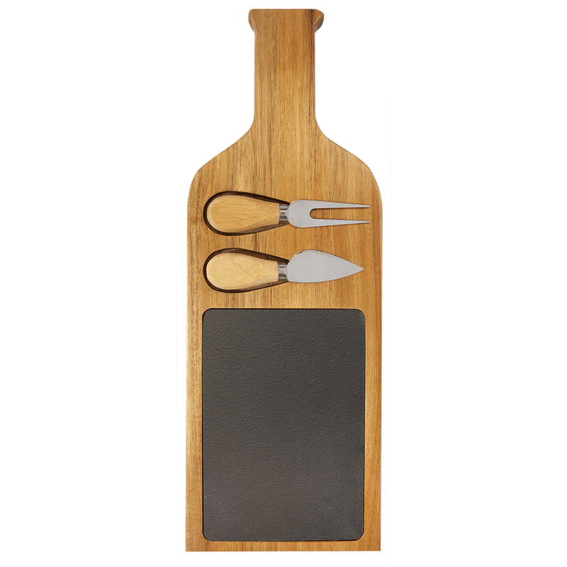 Acacia Wood/Slate Serving Board with Two Tools - - Lazerworx