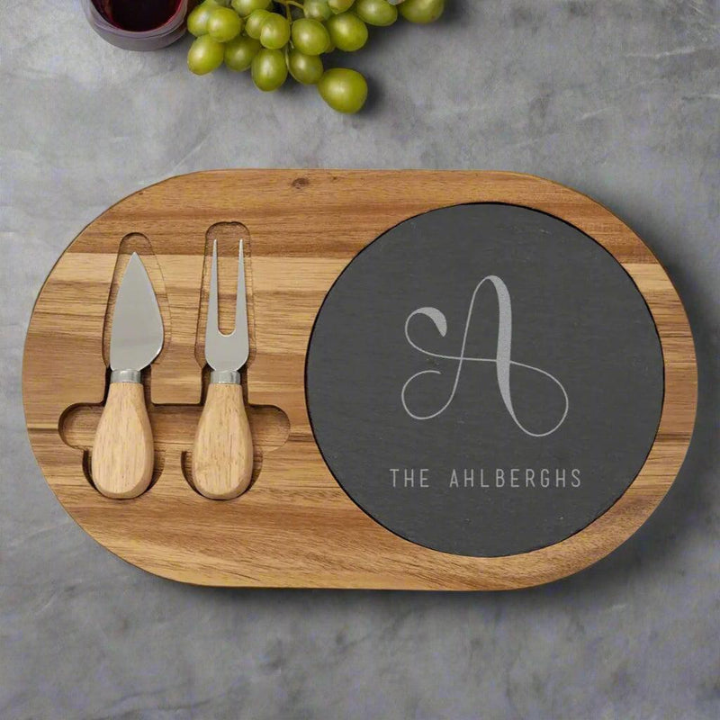 Personalized Acacia and Slate Oval Cheese Set with Two Tools - - Lazerworx