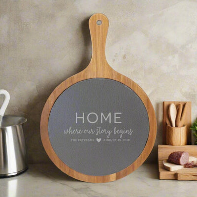 Personalized 8.25x12.25 Round Acacia Wood/Slate Serving Board with Handle