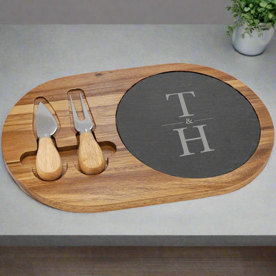 Personalized Acacia and Slate Oval Cheese Set with Two Tools - - Lazerworx