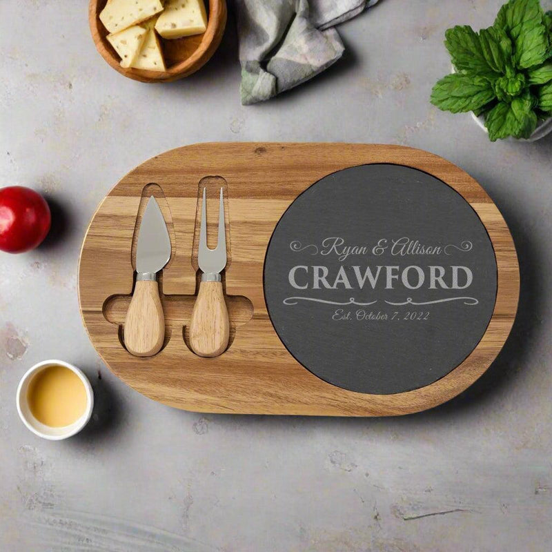 Personalized Acacia and Slate Oval Cheese Set with Two Tools - - Lazerworx