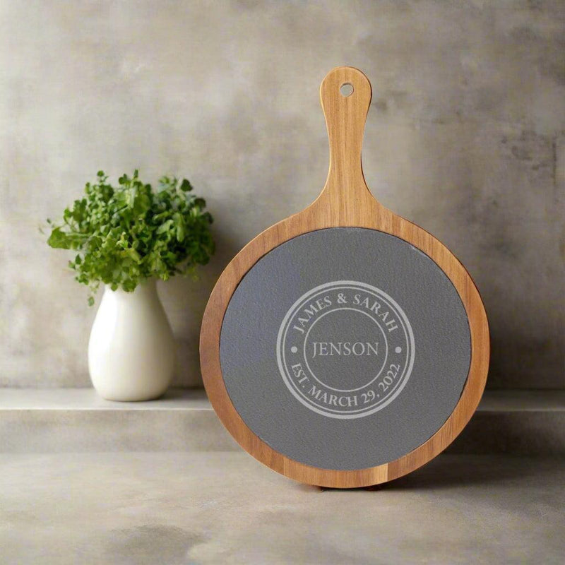 Personalized 8.25x12.25 Round Acacia Wood/Slate Serving Board with Handle