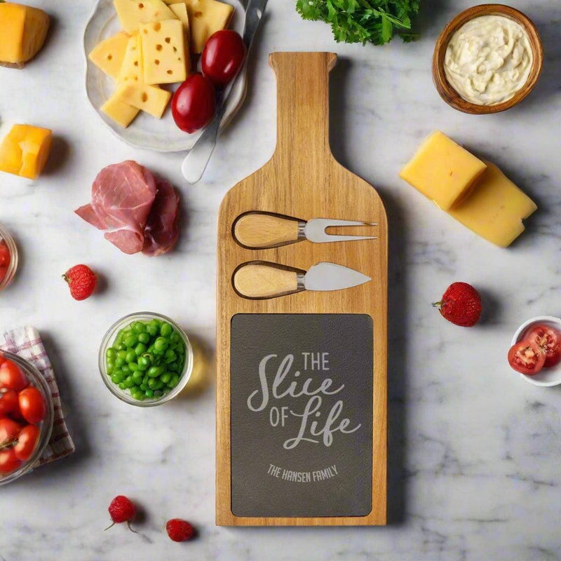 Personalized Acacia Wood/Slate Serving Board with Two Tools