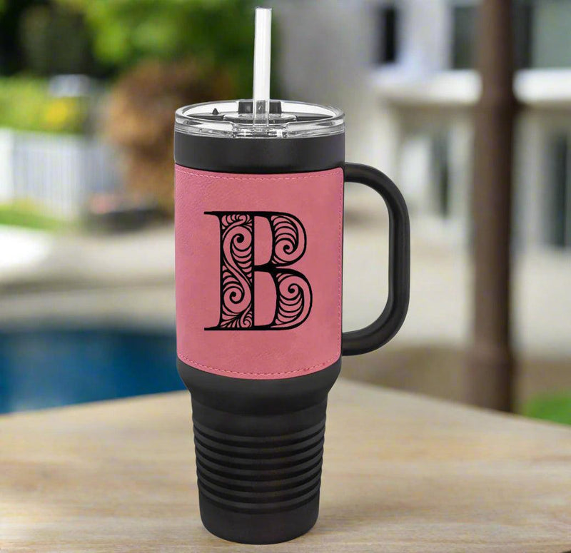 Personalized 40 oz. Black with Engraved Leatherette Travel Mugs - - Lazerworx