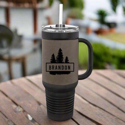 Personalized 40 oz. Black with Engraved Leatherette Travel Mugs - - Lazerworx