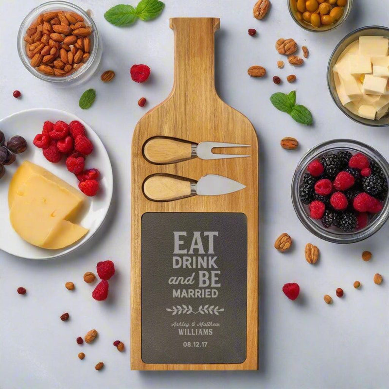 Personalized Acacia Wood/Slate Serving Board with Two Tools