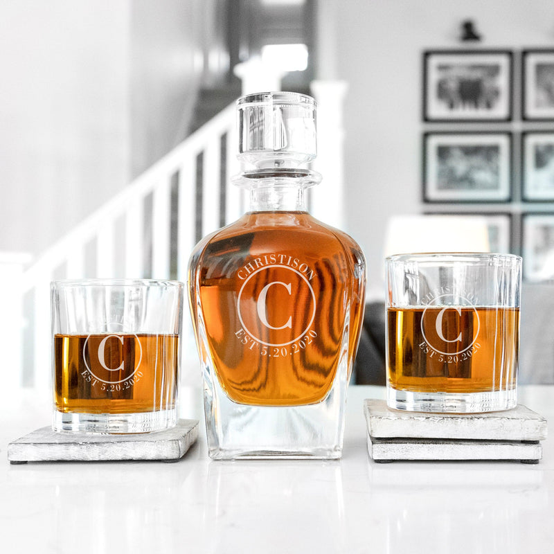 Personalized Antique Whiskey Decanter Set with 2 Lowball Glasses