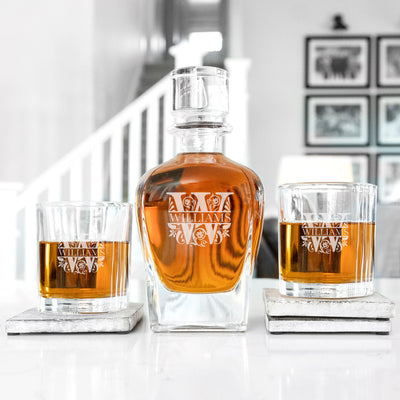 Personalized Antique Whiskey Decanter Set with 2 Lowball Glasses