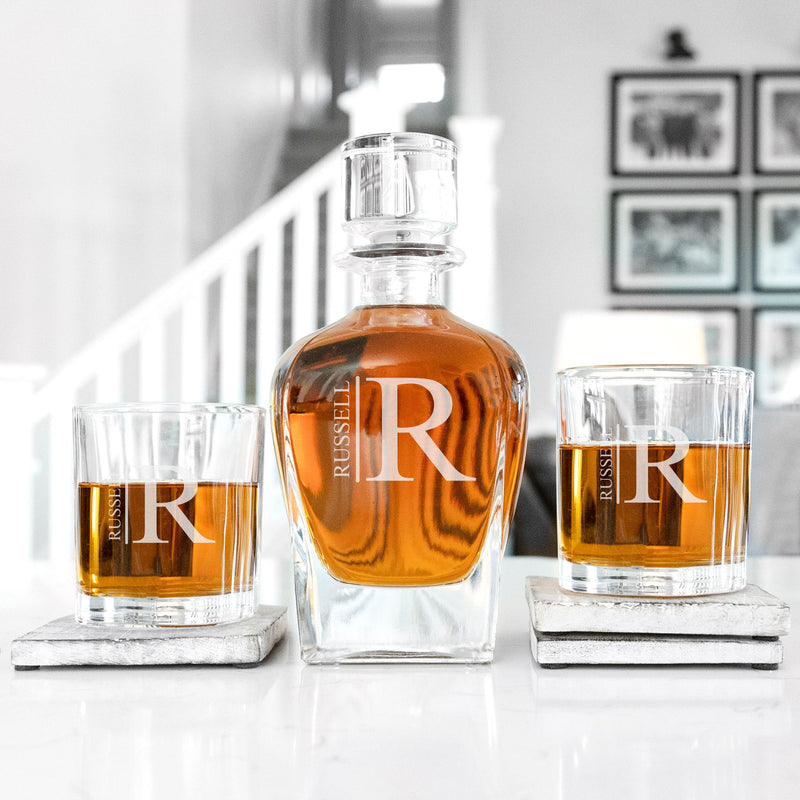 Personalized Antique Whiskey Decanter Set with 2 Lowball Glasses