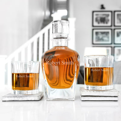 Personalized Antique Whiskey Decanter Set with 2 Lowball Glasses