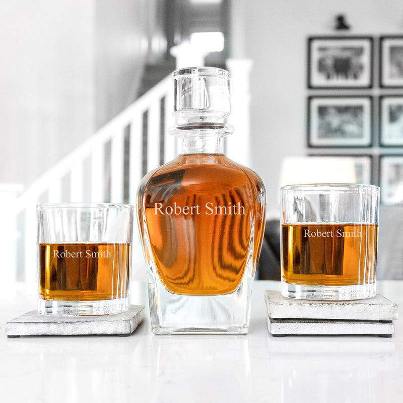 Personalized Antique Whiskey Decanter Set with 2 Lowball Glasses
