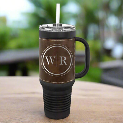 Personalized 40 oz. Black with Engraved Leatherette Travel Mugs - - Lazerworx