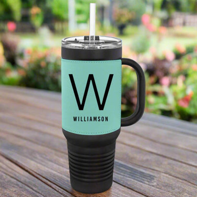 Personalized 40 oz. Black with Engraved Leatherette Travel Mugs - - Lazerworx