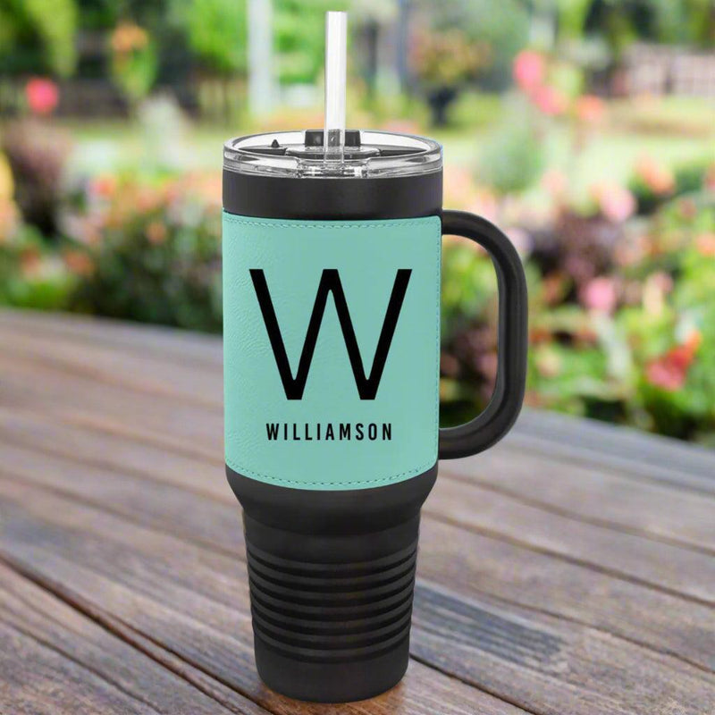 Personalized 40 oz. Black with Engraved Leatherette Travel Mugs - - Lazerworx