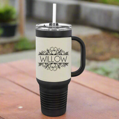 Personalized 40 oz. Black with Engraved Leatherette Travel Mugs - - Lazerworx