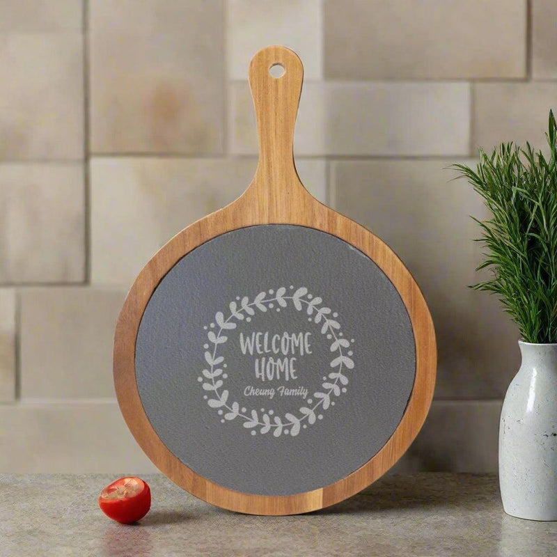 Personalized 8.25x12.25 Round Acacia Wood/Slate Serving Board with Handle