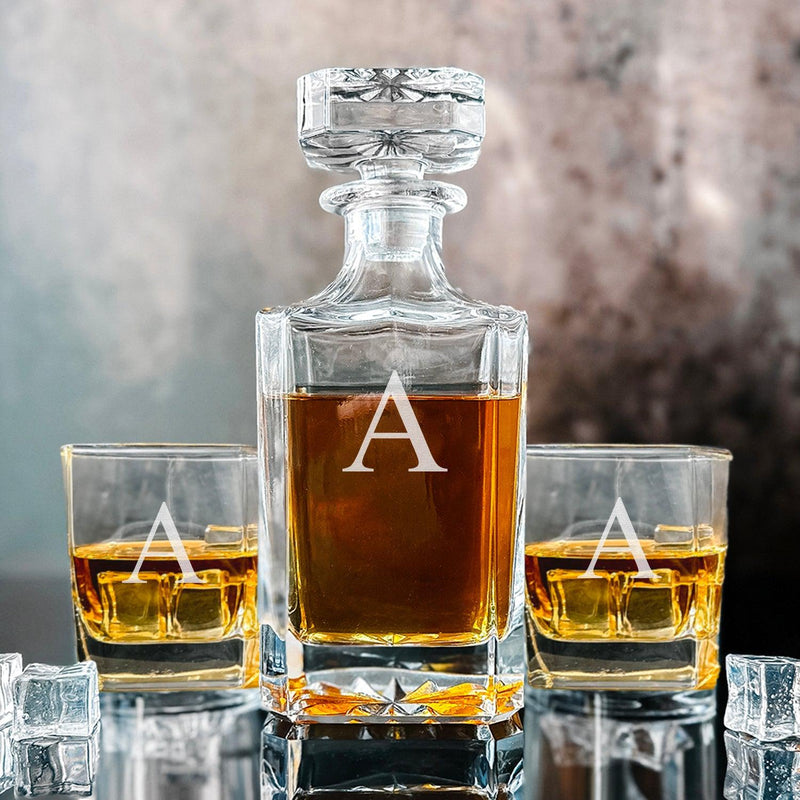 Personalized Square Decanter Set - Single Initial - Lazerworx
