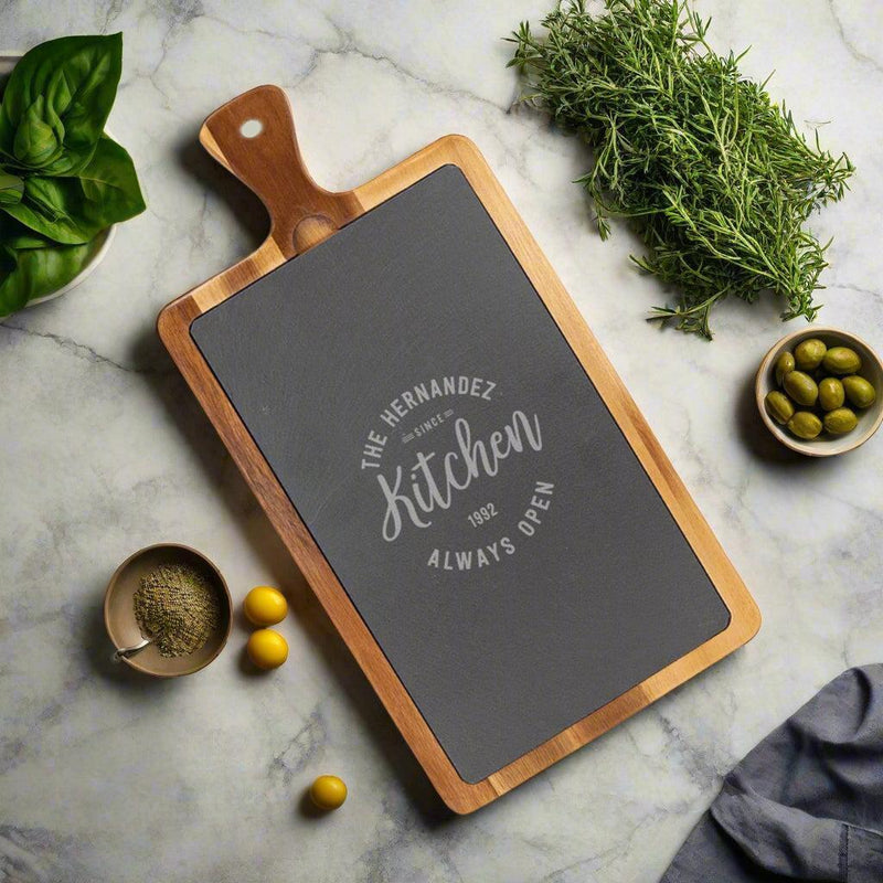 Personalized Acacia Wood/Slate Cutting Board - - Lazerworx