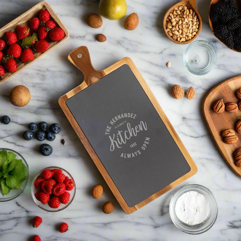 Personalized Acacia Wood/Slate Cutting Board - - Lazerworx
