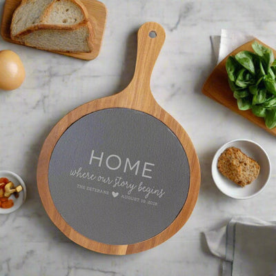 Personalized 8.25x12.25 Round Acacia Wood/Slate Serving Board with Handle