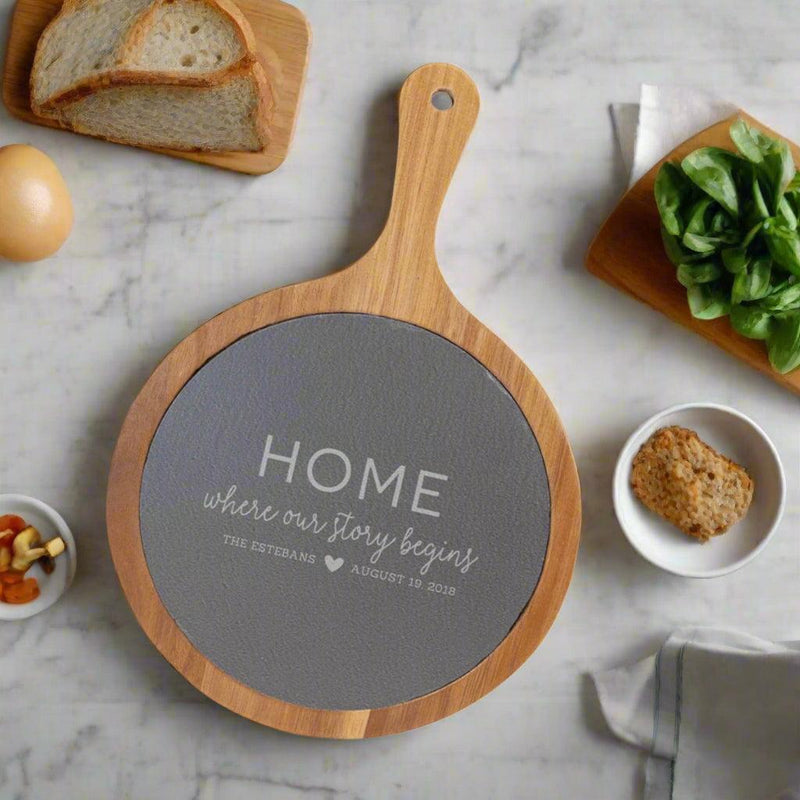 Personalized 8.25x12.25 Round Acacia Wood/Slate Serving Board with Handle
