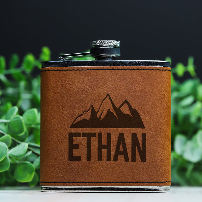 Personalized Brushed Steel Leather Wrapped Flasks