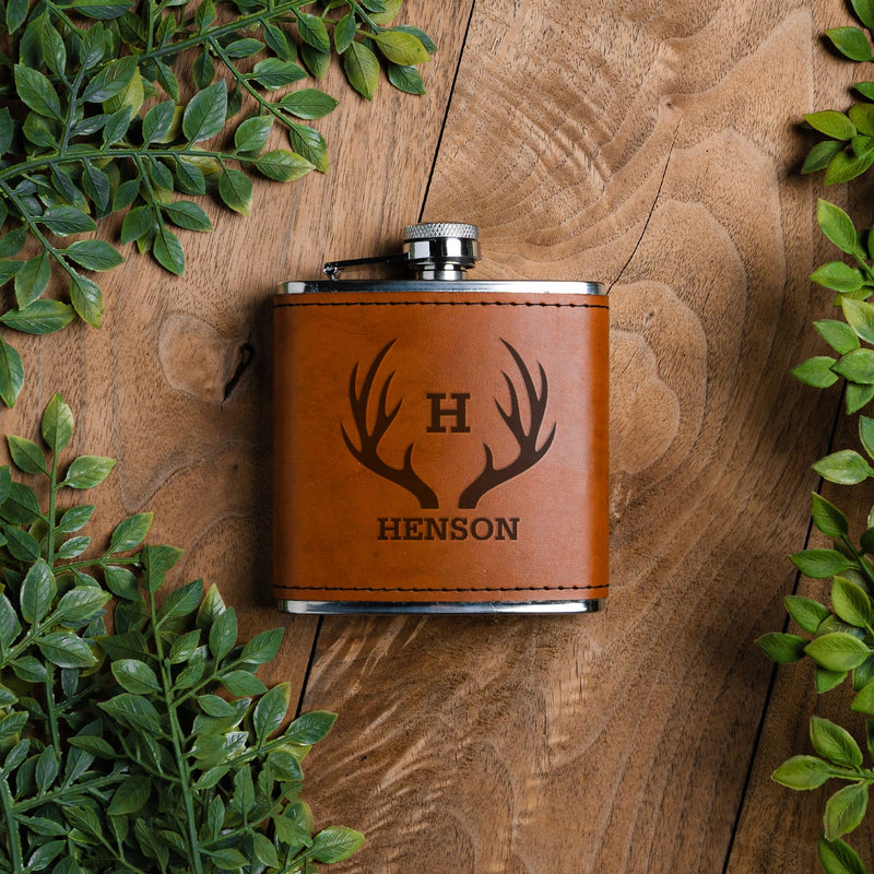 Personalized Brushed Steel Leather Wrapped Flasks