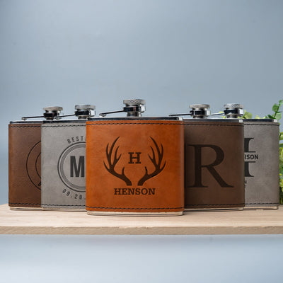 Personalized Silver Leather Wrapped Flasks