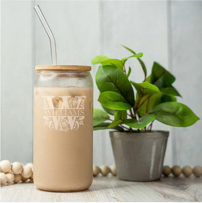 Personalized 16 oz. Glass Can with Bamboo Top and Straw