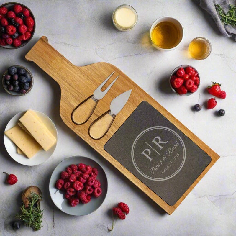 Personalized Acacia Wood/Slate Serving Board with Two Tools