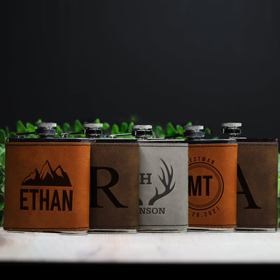 Personalized Silver Leather Wrapped Flasks