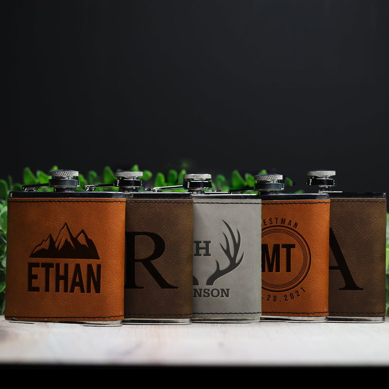 Personalized Silver Leather Wrapped Flasks