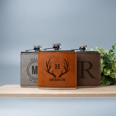 Personalized Brushed Steel Leather Wrapped Flasks