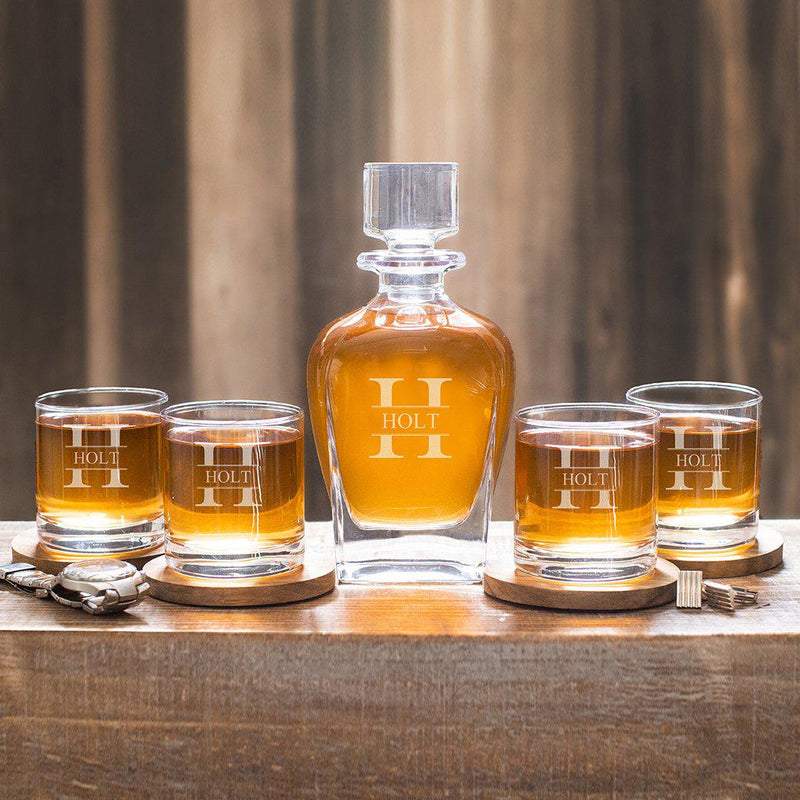 Personalized Antique Whiskey Decanter Set with 4 Lowball Glasses - Stamped - JDS