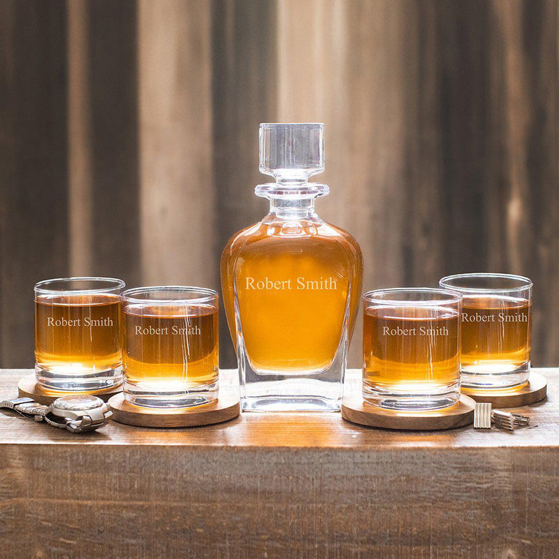 Personalized Antique Whiskey Decanter Set with 4 Lowball Glasses -  - JDS