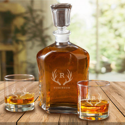 Personalized Decanter Set with 2 Whiskey Glasses - Antler - JDS