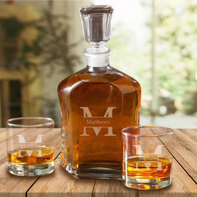 Personalized Decanter Set with 2 Whiskey Glasses - Stamped - JDS