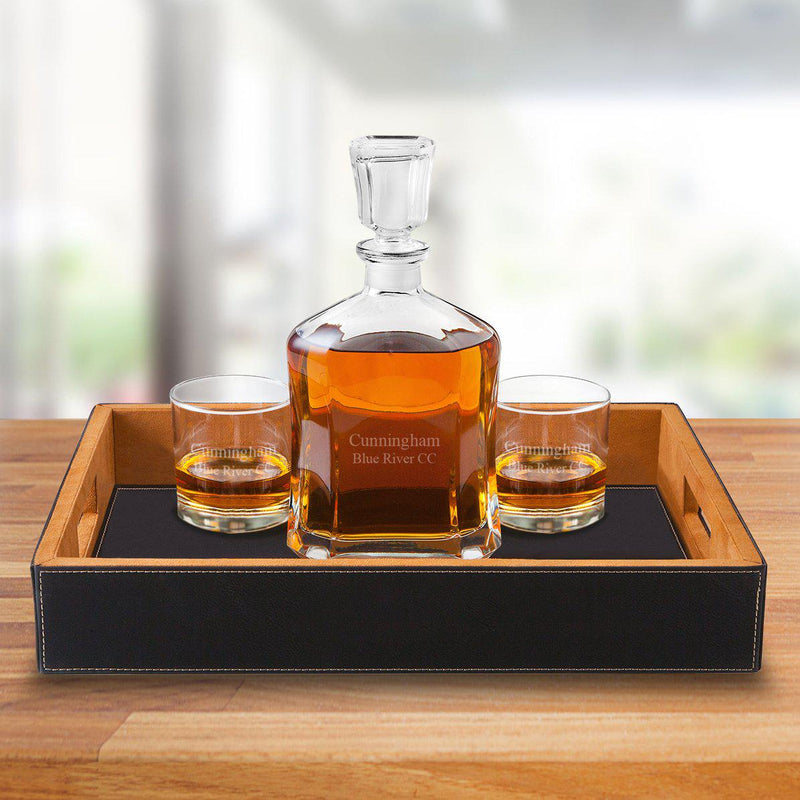 Personalized Decanter Set with Black Serving Tray & 2 Lowball Glasses - 2Lines - JDS