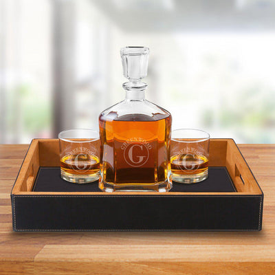 Personalized Decanter Set with Black Serving Tray & 2 Lowball Glasses - Circle - JDS