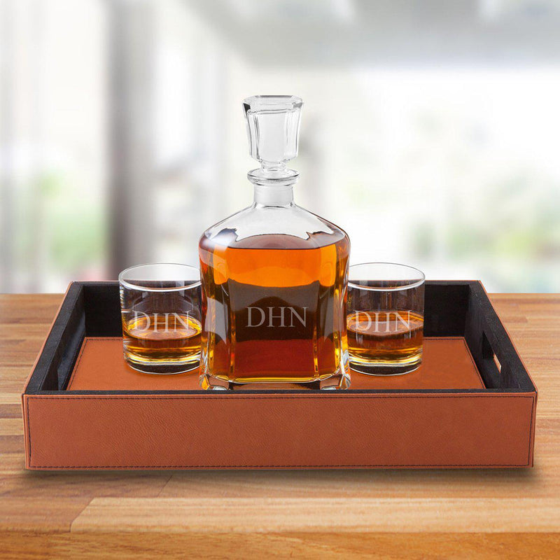 Personalized Decanter Set with Serving Tray & 2 Whiskey Glasses - 3Initials - JDS
